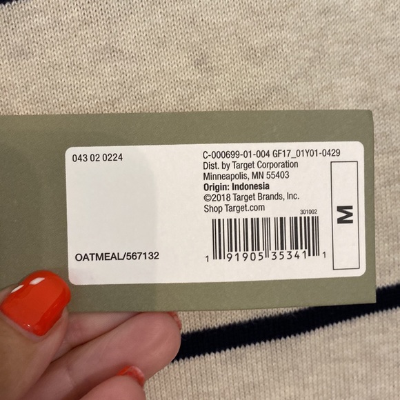 Goodfellow - mens 100% Cotton oatmeal crew neck sweater with dark blue stripes - Picture 3 of 9